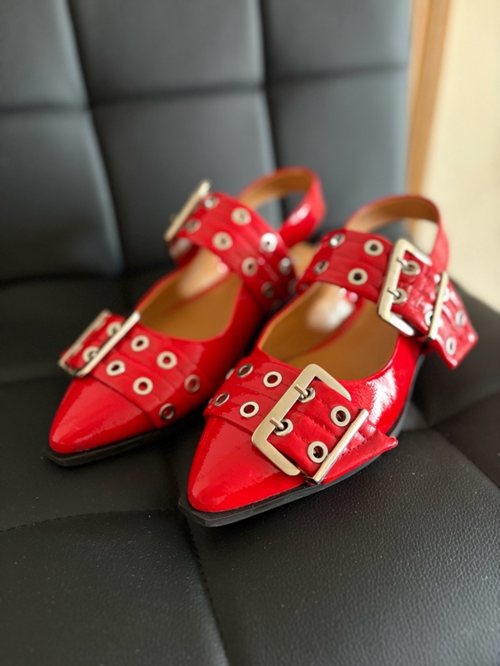 Steve Madden Red Patent Pointed Mary Jane Flats with Buckle & Grommet Detail